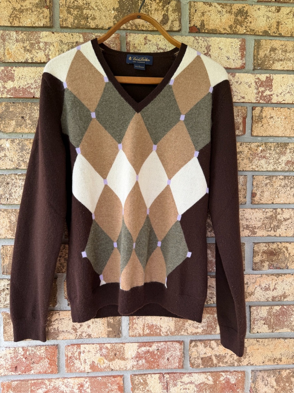 Brooks Brothers V-neck Argyle Pullover Sweater 100% Cashmere Size Large